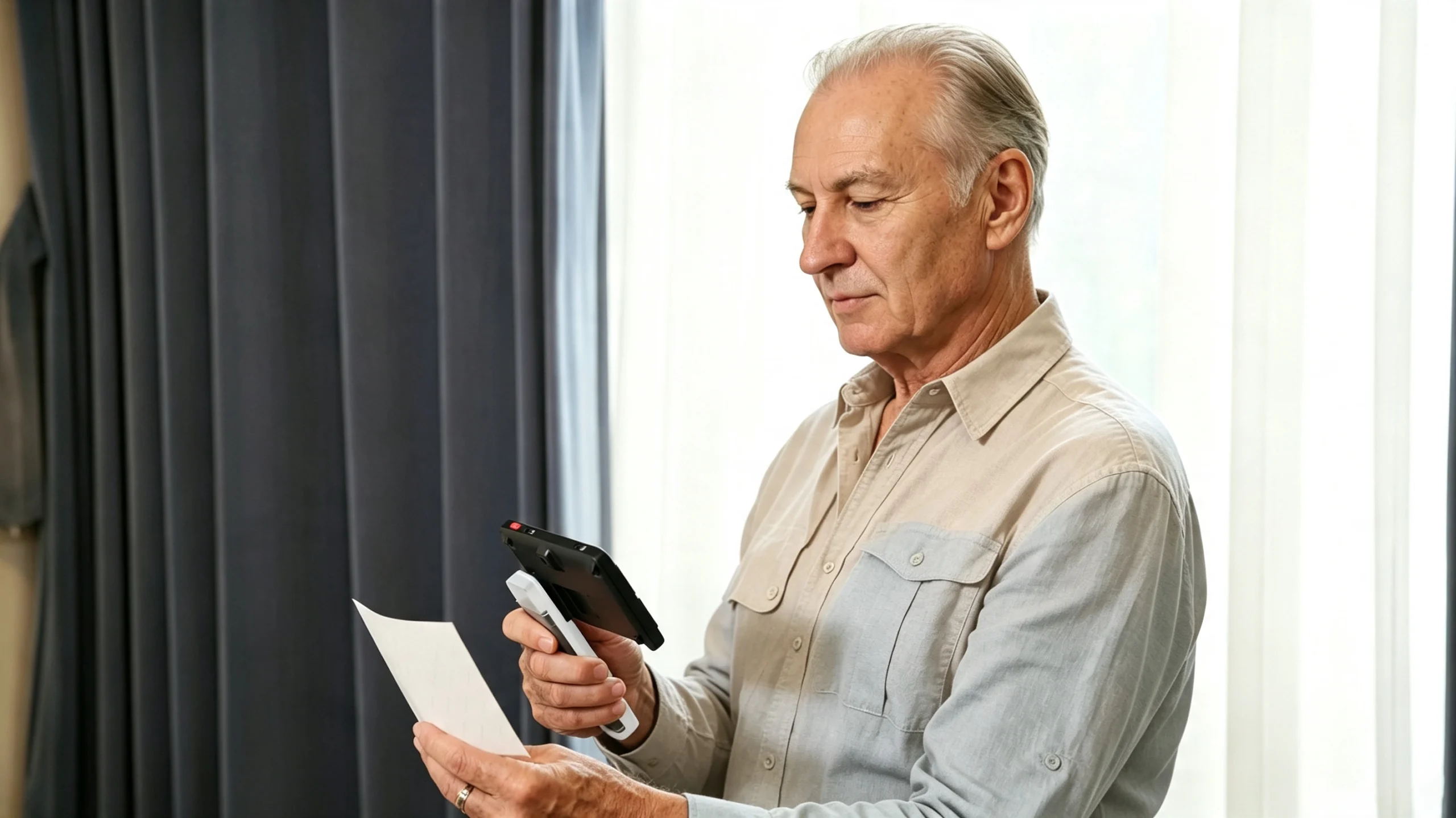 older gentleman operates portable electronic magnifier to view small print on paper
