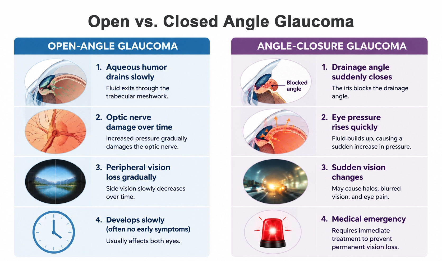 open angle vs angle closure glaucoma showing different vision loss pathways