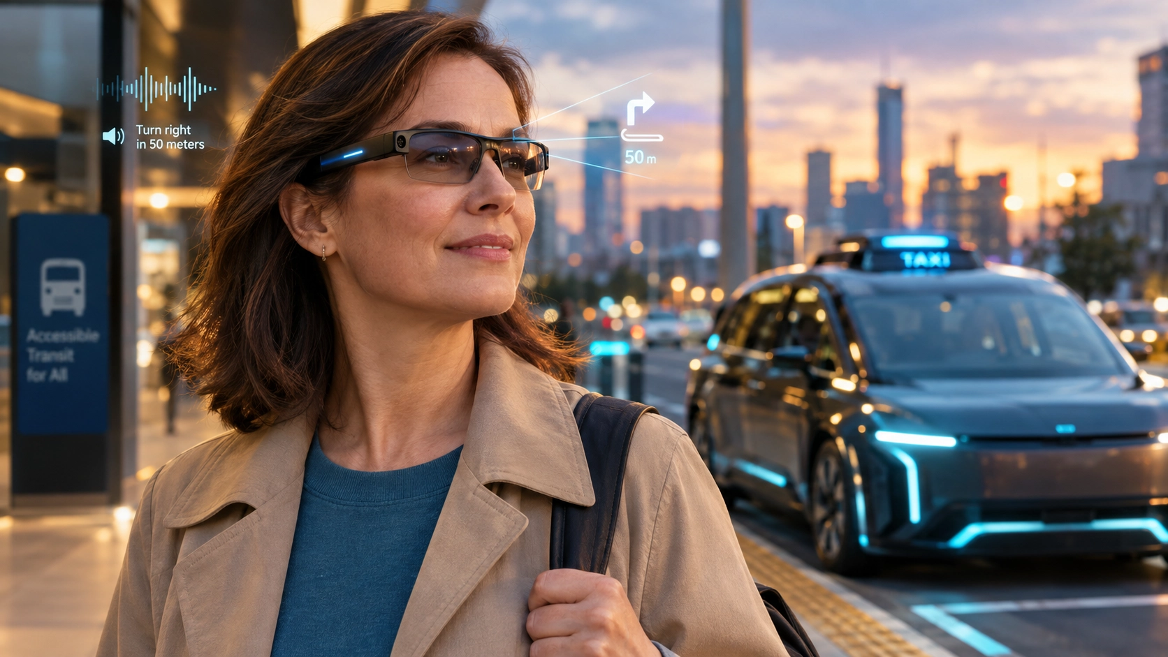 a person with low vision wearing futuristic glasses style assistive eyewear stands at a city curb at dusk