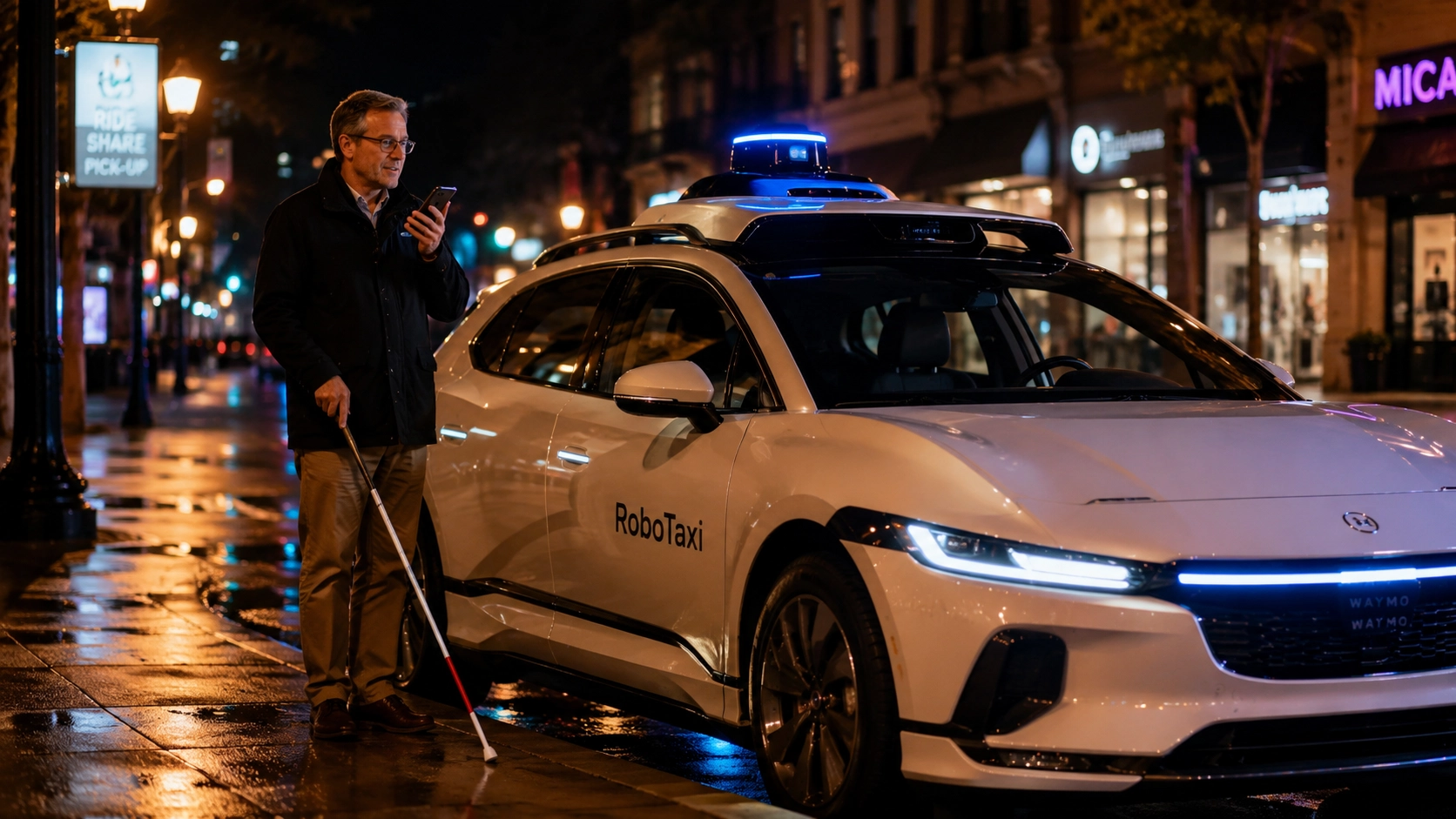 autonomous vehicle picking up a visually impaired passenger at night, illustrating the future of self driving cars and visual impairment driving