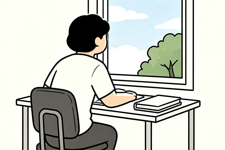 back‑view cartoon of person sitting at desk by bright window, adapting work and study routines to reduce visual strain with macular degeneration