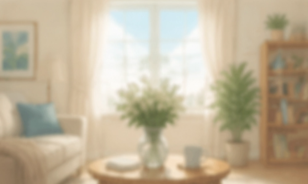 blurry hazy living‑room scene simulating cataract blurred vision, soft unfocused view of home interior