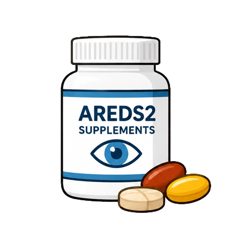 cartoon drawing of areds2 supplement bottle with assorted vitamin tablets for age‑related macular degeneration