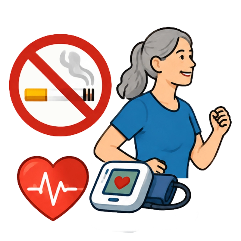 cartoon graphic set no‑smoking symbol, senior woman jogging, blood‑pressure monitor and heart icon for amd risk‑reduction lifestyle