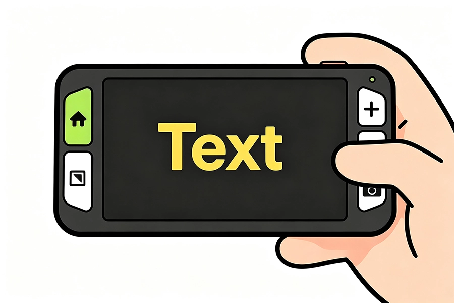 cartoon illustration of a hand holding handheld electronic video magnifier device with screen displaying enlarged text for low‑vision reading