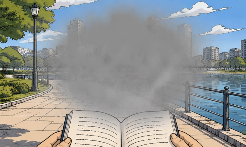 first‑person park‑view illustration simulating dry macular degeneration, showing gradual hazy blurring in central vision while reading a book