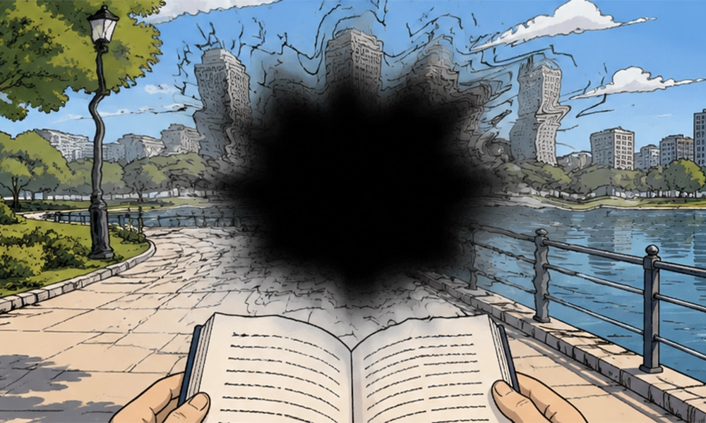 first‑person park‑view illustration simulating wet macular degeneration, with large central blind spot and distorted warped buildings from leaking abnormal blood vessels