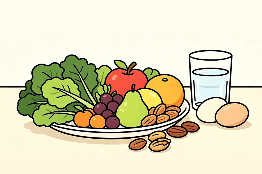 flat cartoon illustration of eye‑healthy food assortment leafy greens, colorful fruits, nuts and eggs supporting macular health