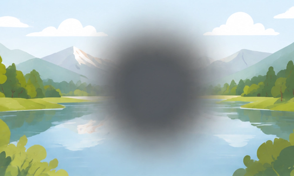 landscape illustration simulating amd symptom dark empty blind spot in the center of central vision view