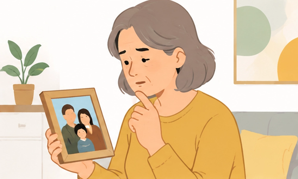 older woman struggles to recognize fine facial details on family photo, illustration of amd central‑vision symptom
