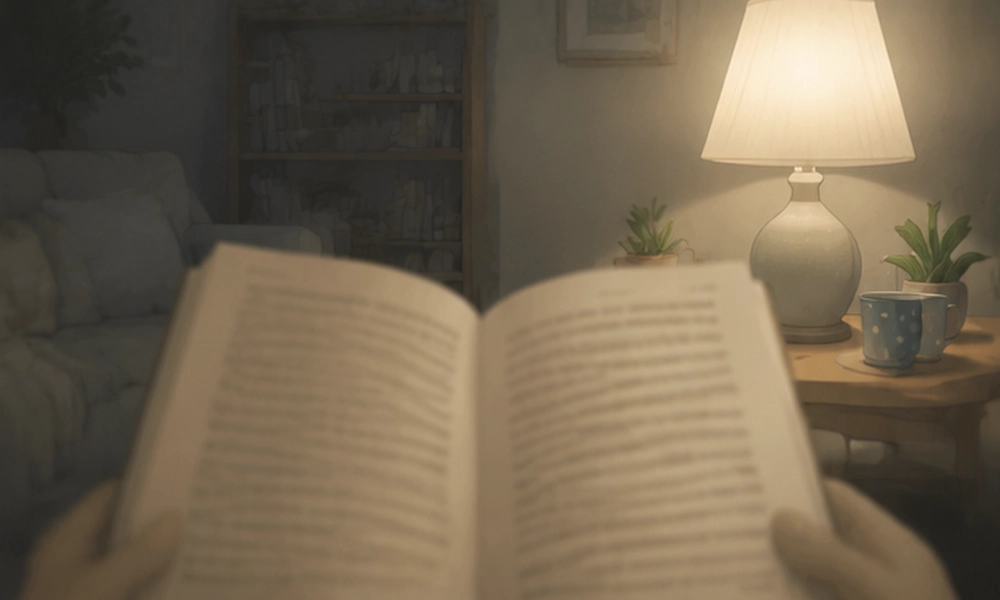 person reading an open book under dim table lamp, simulation of poor low‑light vision caused by cataracts