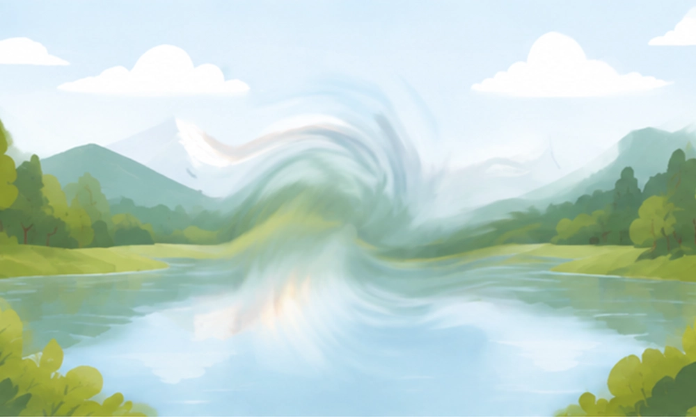 scenery illustration simulating amd distorted‑vision symptom, straight landscape lines appear wavy and bent