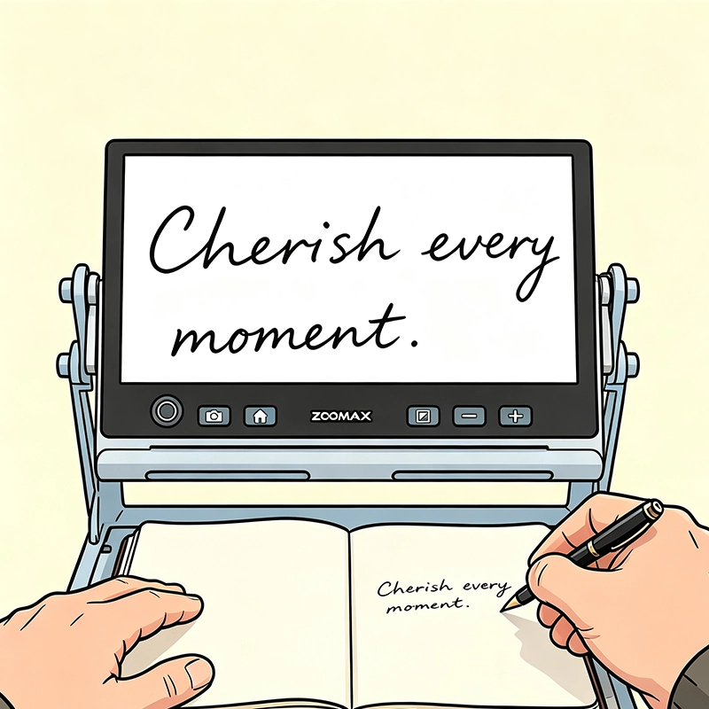 senior hands using portable electronic video magnifier low‑vision aid for reading handwriting