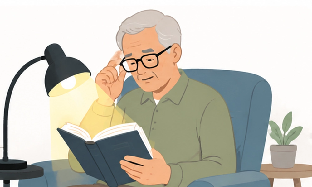 senior man reading book under bright desk lamp, illustration for amd symptom requiring brighter light for close‑up tasks