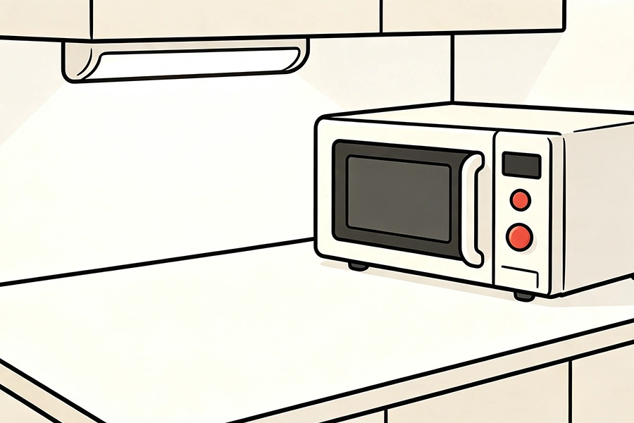 simple line‑art illustration showing bright overhead task lighting above microwave in kitchen for low‑vision safe home environment