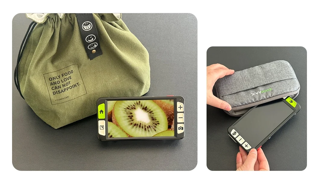 smartphone sized luna 6 handheld video magnifier inside its protective carrying pouch, compact portable low vision magnifier for on the go daily use