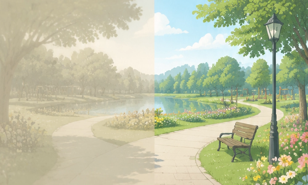 split‑screen illustration left faded desaturated cataract vision, right sharp vibrant normal park landscape view