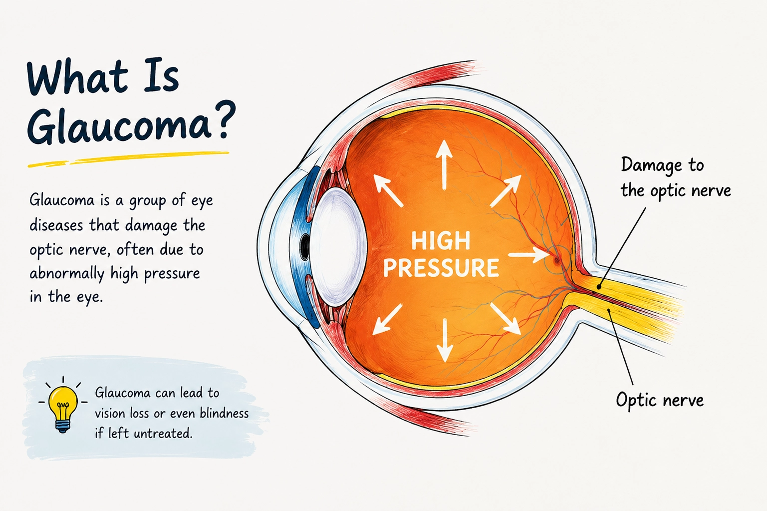 what is glaucoma educational diagram showing high intraocular pressure damaging the optic nerve inside human eye cross‑section