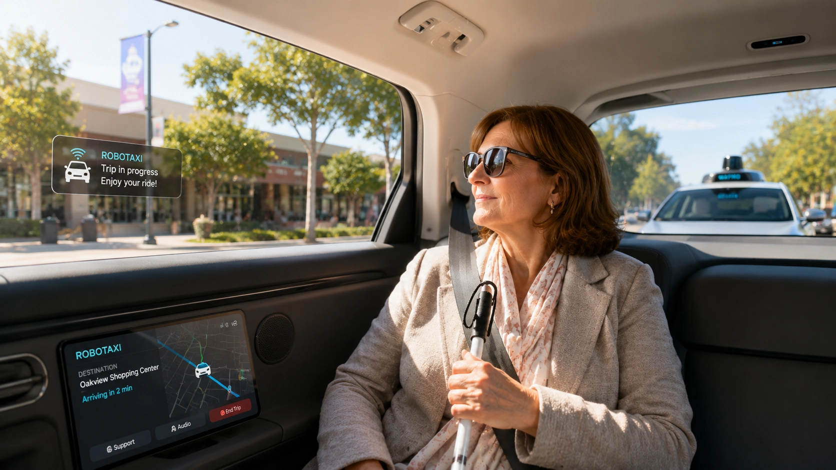 woman with low vision using an autonomous vehicle for independent travel