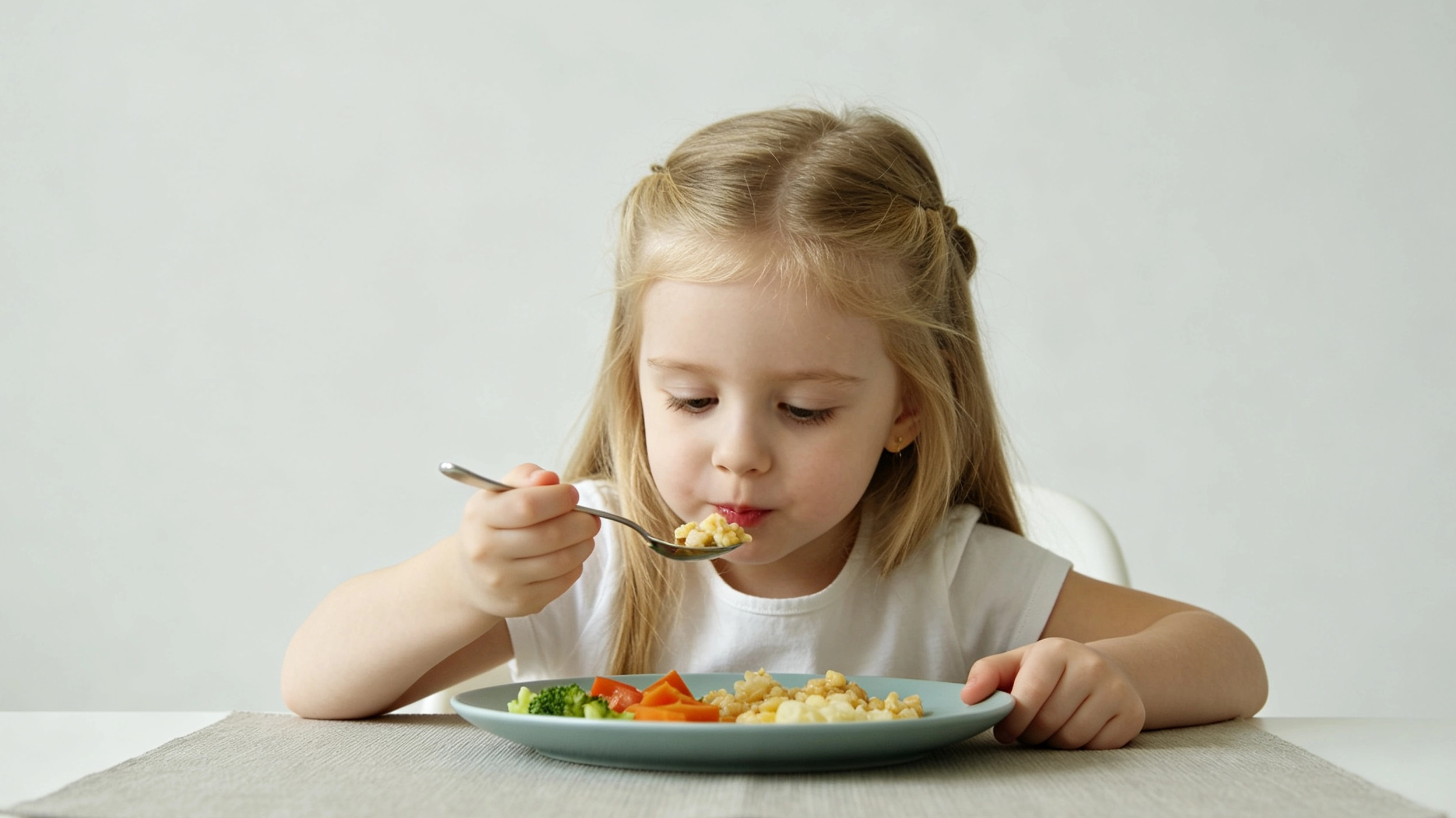 a low distraction mealtime environment with a plain table, solid color placemat, and clearly arranged food supports visual focus for children with cvi.