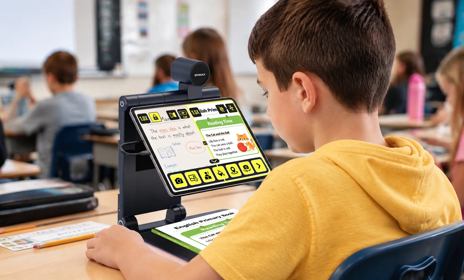 boy using zoomax snow pad in classroom split screen shows both close up worksheet and reading content for near far viewing.