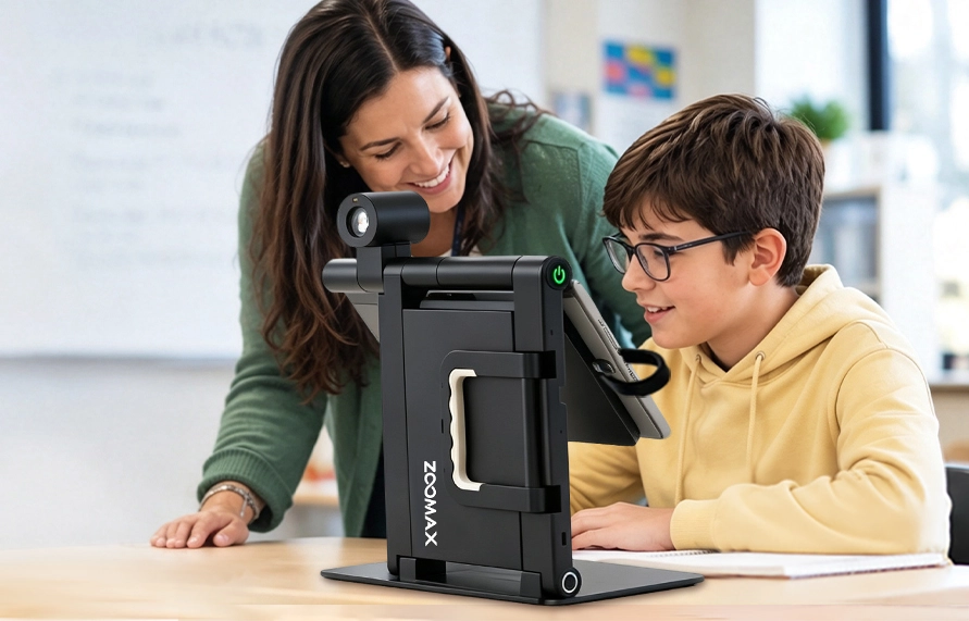 tvi observing a student using snow pad assistive technology in the classroom
