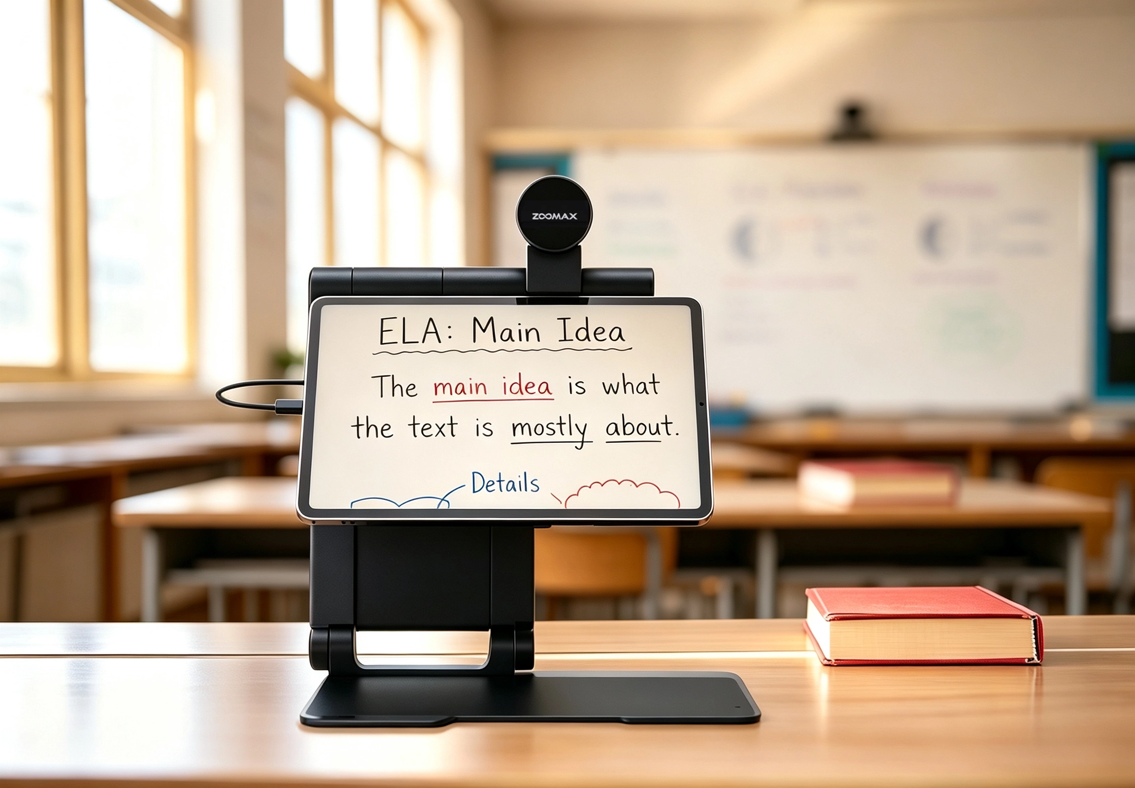 zoomax snow pad displaying an enlarged whiteboard in a k–12 classroom