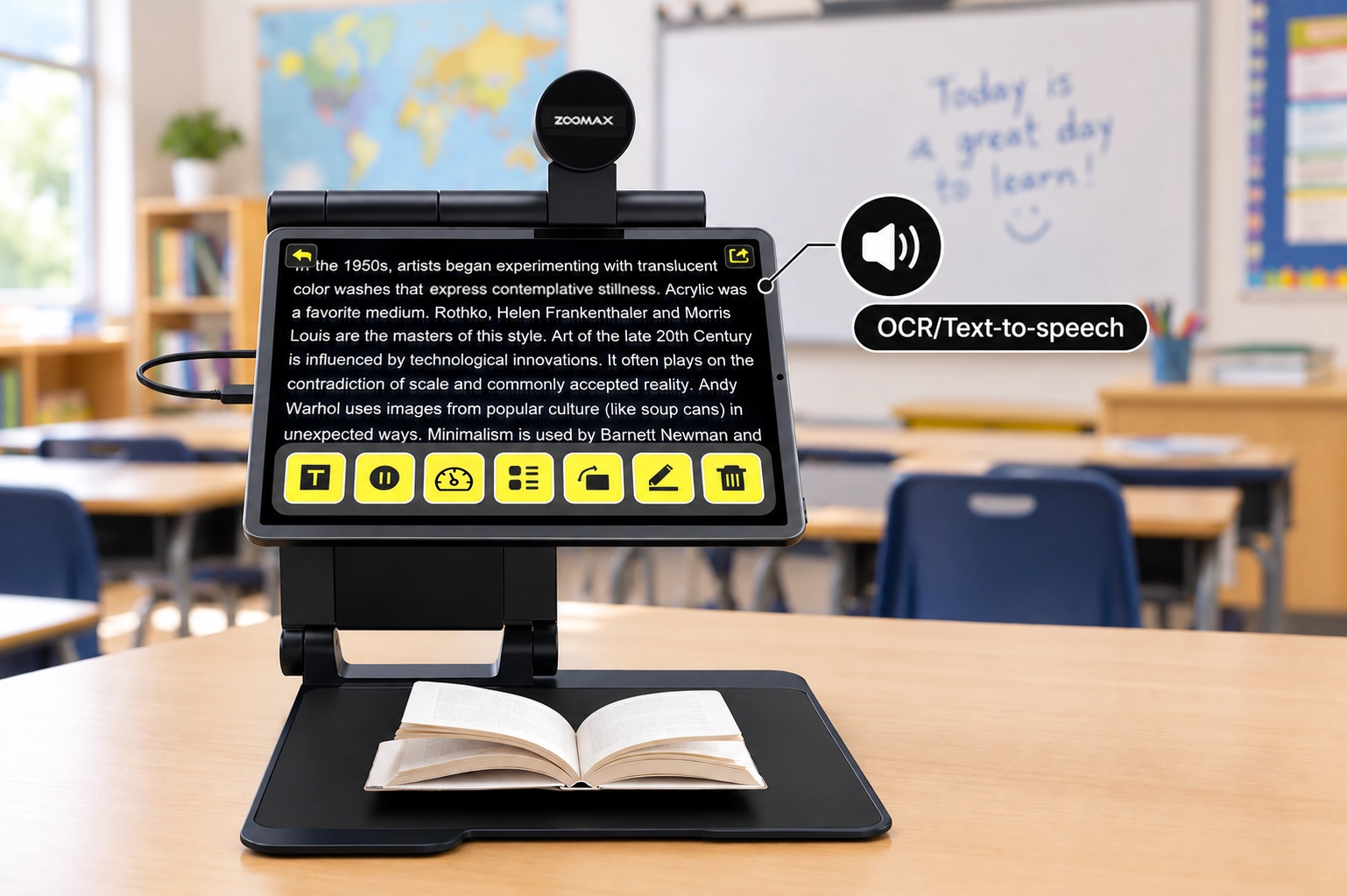 zoomax snow pad on classroom desk with open book ocr text to speech feature highlighted for multi modal access.