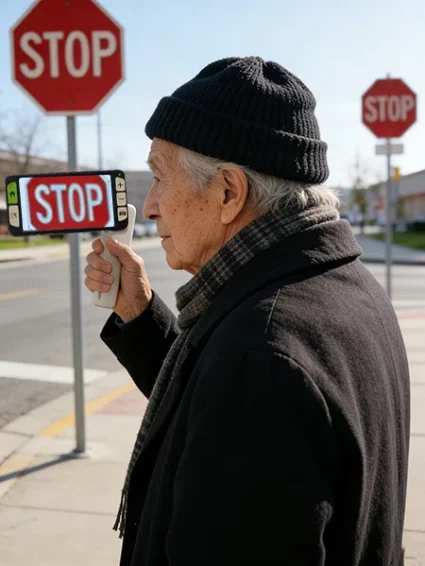 elderly user with zoomax luna 6 outdoor low vision aid reading a street sign